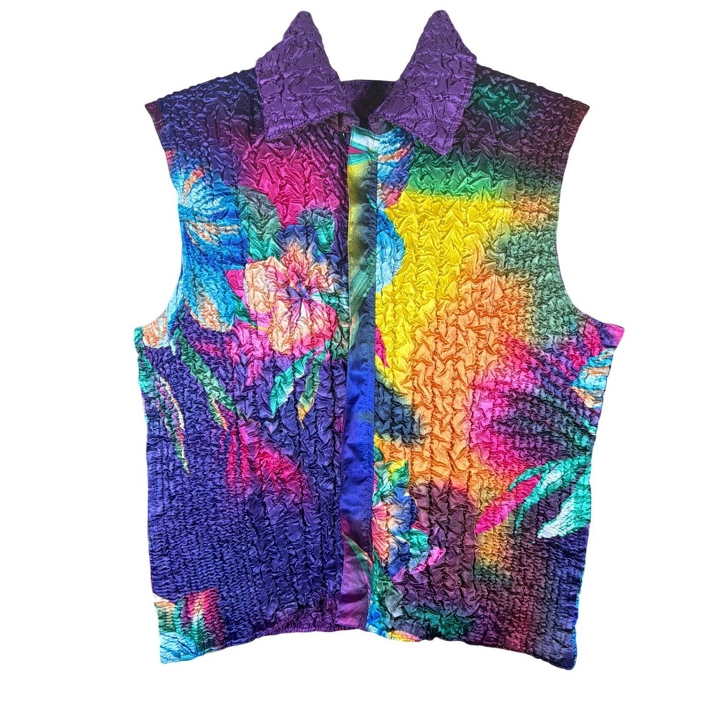 Vintage Popcorn Texture Floral Vest Sleeveless Zip Front Top Multicolor Art Wear